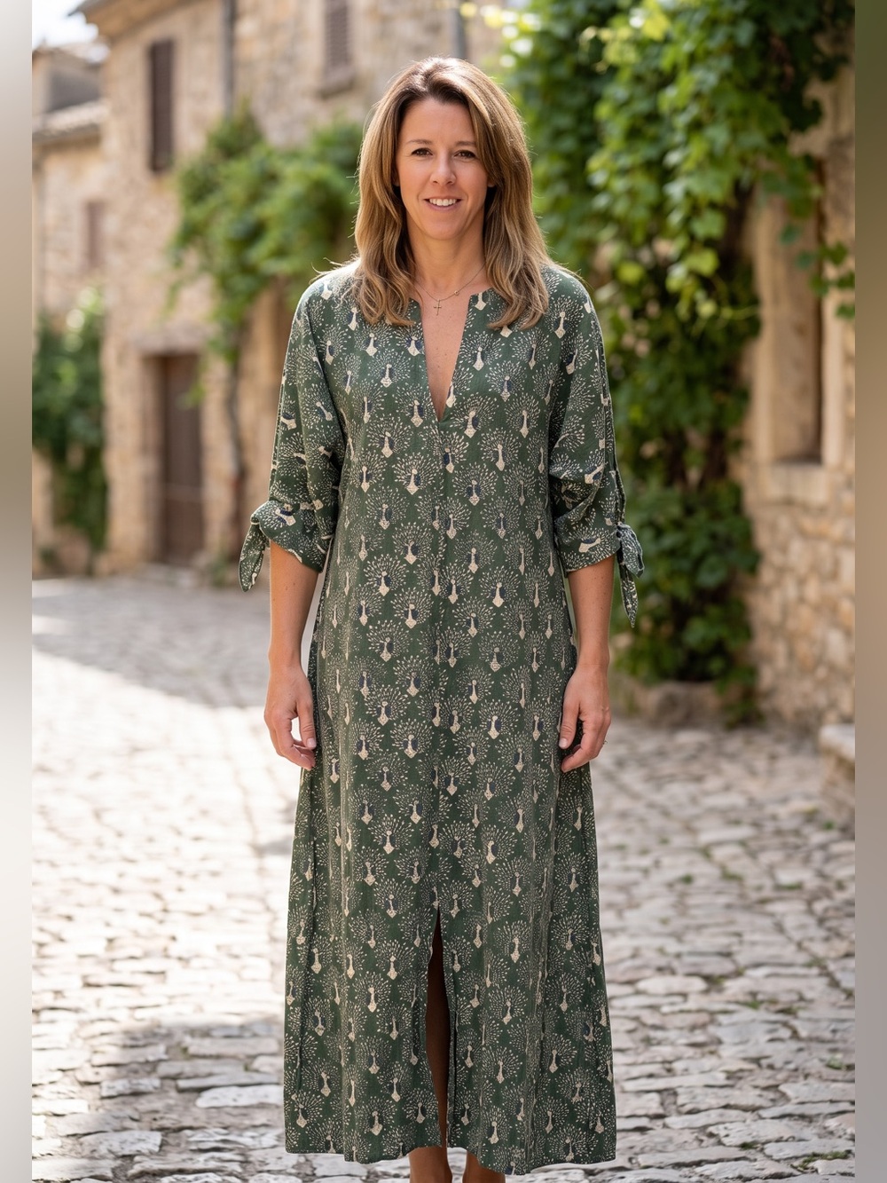 MIRTH Vienna Maxi Dress Green Lazuli Block Print
Cotton Silk Blend Size L